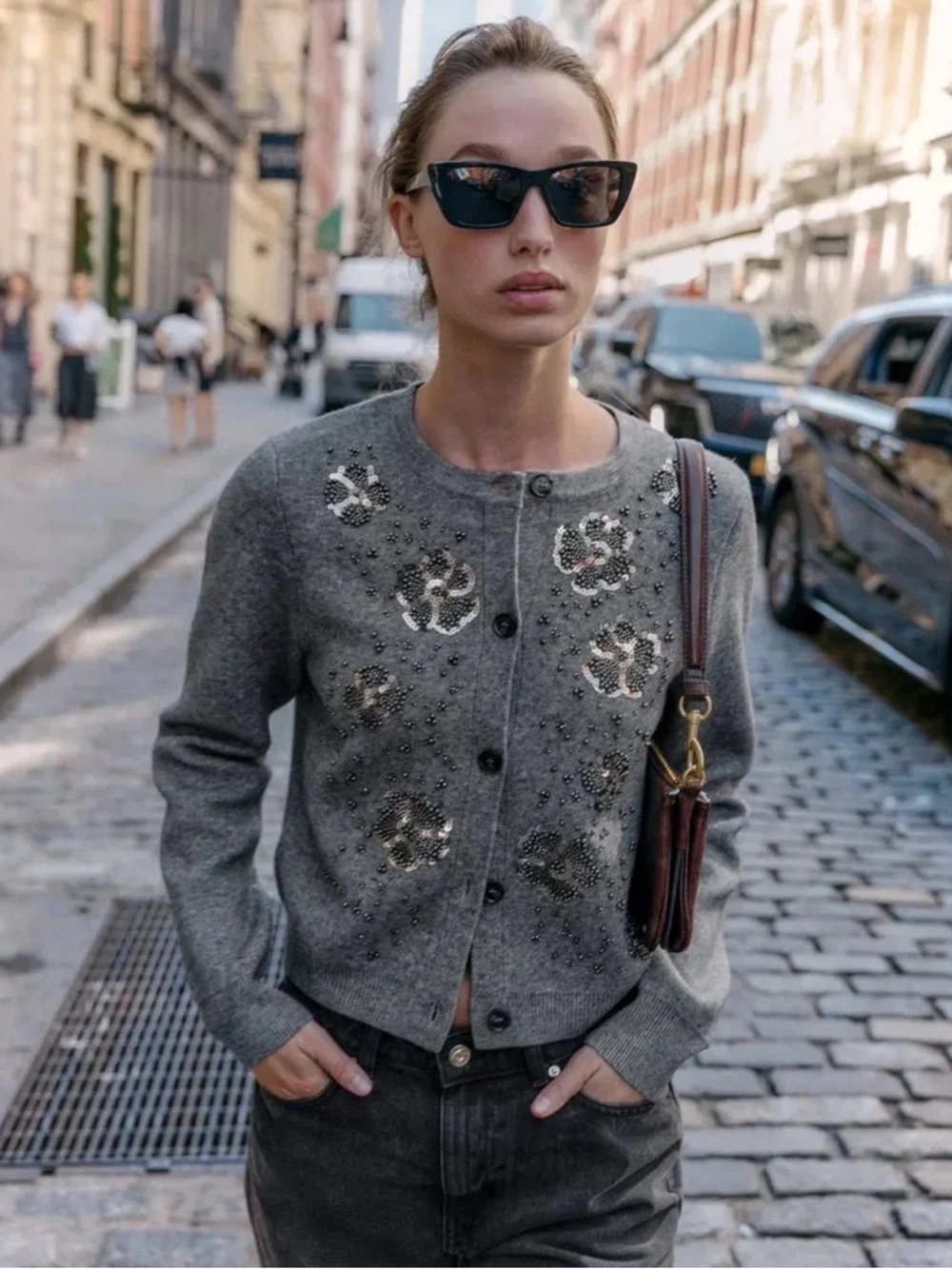 ZARA Women's Large Gray Marl Sequin Beaded Floral Applique Button‎ Front Sweater